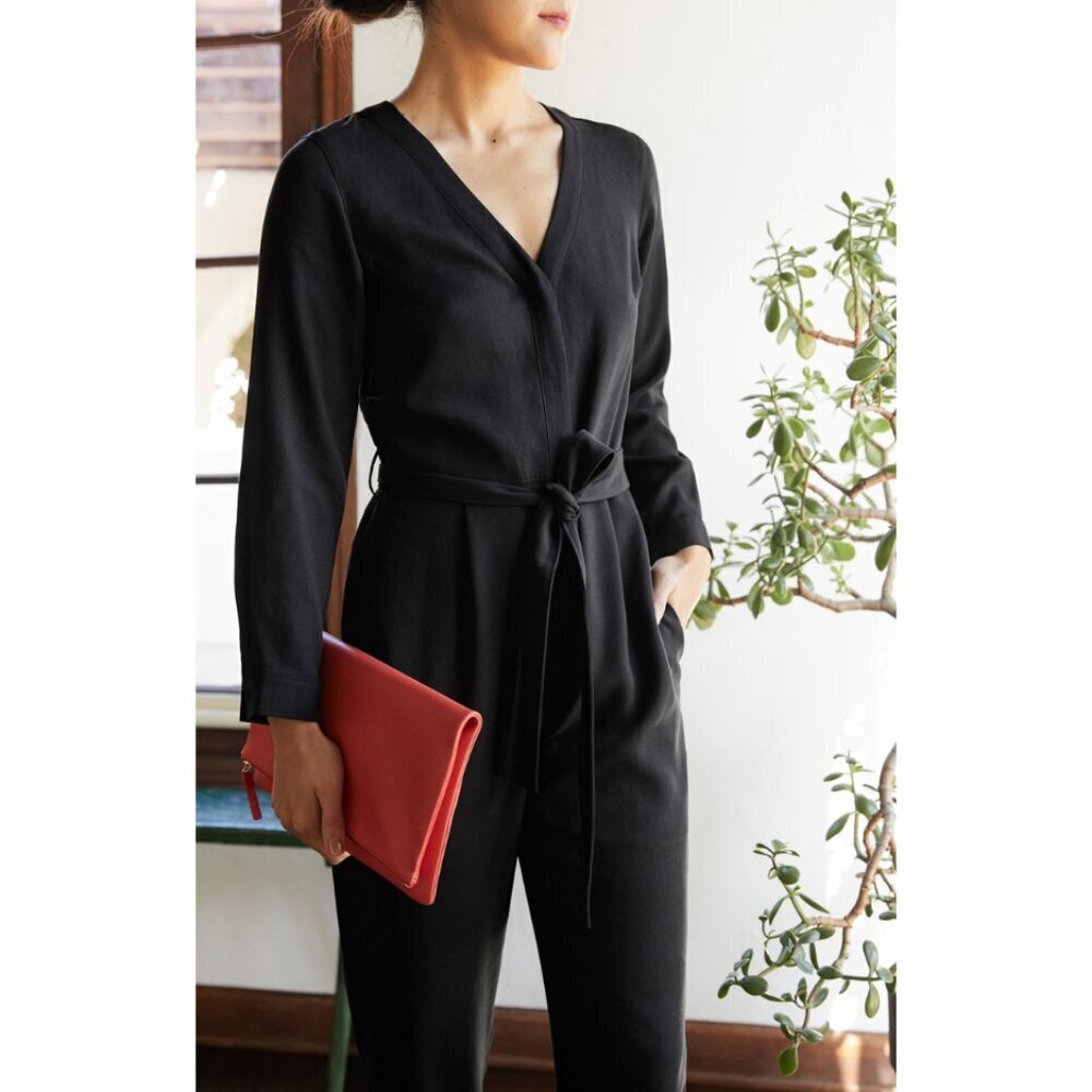 NWT Everlane Canvas Drape Jumpsuit in Black Long Sleeve Tie Waist Lyocell Sz 16